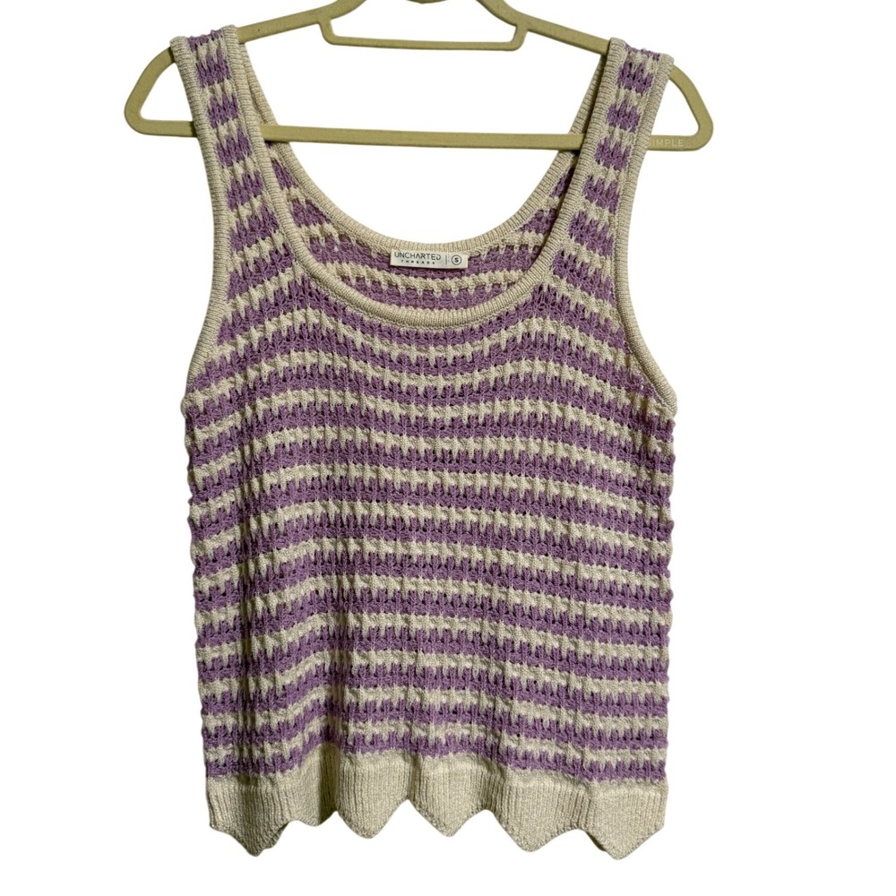 Uncharted Threads Purple Cream Striped Knit Tank Top Scalloped Hem Small
